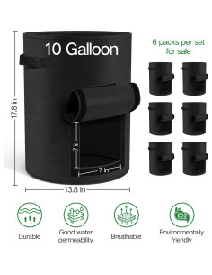 Paquete de 6 bolsas de cultivo Moyios 10 galones para verduras 2