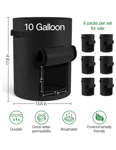 Paquete de 6 bolsas de cultivo Moyios 10 galones para verduras