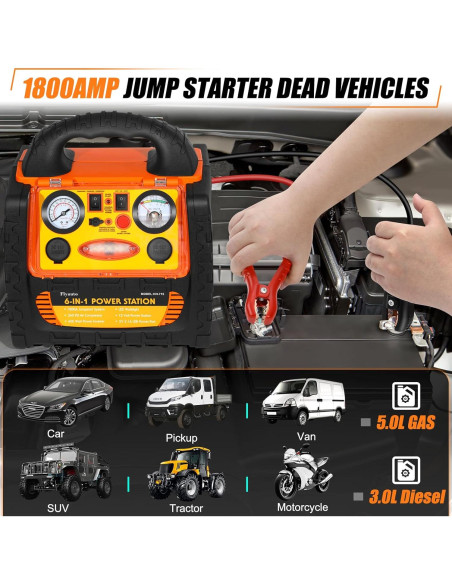 Arrancador de Salto 6 en 1 FlyAuto 1800A con Compresor 260 PSI