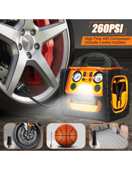 Arrancador de Salto 6 en 1 FlyAuto 1800A con Compresor 260 PSI