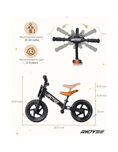 Bicicleta de Equilibrio RIDYEE para Niños 2-5 Años Ajustable