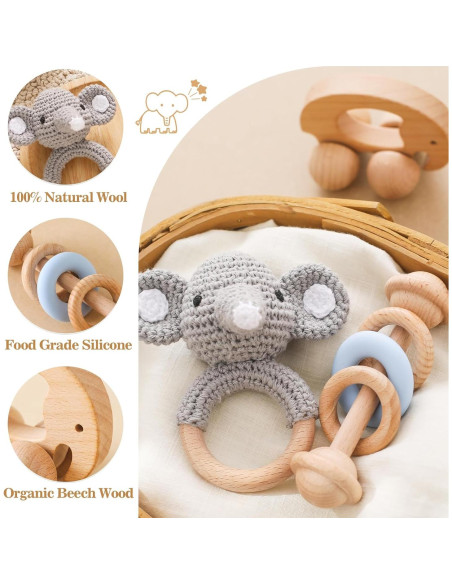 Sonajeros de Madera Orgánica 3 PCS - Let's Make Elefante Sonajeros de Madera Orgánica 3 PCS - Let's Make Elefante