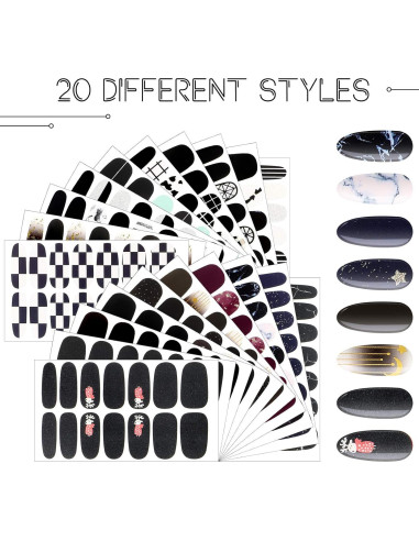 20 Hojas Stickers de Uñas Negras Autoadhesivas Maitys