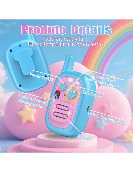 Walkie Talkies para Niños BUKEWIT 2Pack Rosa Azul 304.8m
