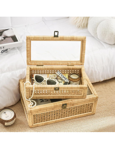 Juego de 2 Cajas Decorativas de Ratán Dendrovia con Tapa