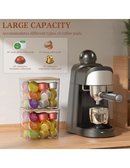 Soporte para Cápsulas de Café VANZAVANZU 2-Pack Acrílico con Tapa de Bambú