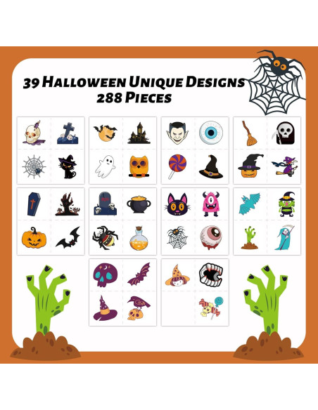 288 Tatuajes Temporales Halloween Niños - 39 Diseños Divertidos