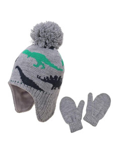 Conjunto Gorro y Guantes Invierno Niños Dinosaurio Verde