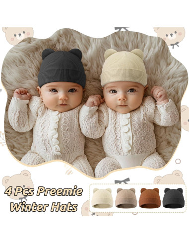 Gorros de Invierno Prematuros Jeyiour 4 Pcs Algodón Lazos