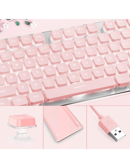 Teclado LANGTU Retroiluminado LED Rosa USB Membrana 104 Teclas