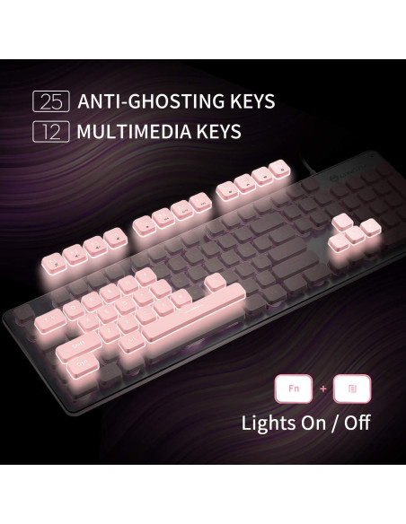 Teclado LANGTU Retroiluminado LED Rosa USB Membrana 104 Teclas