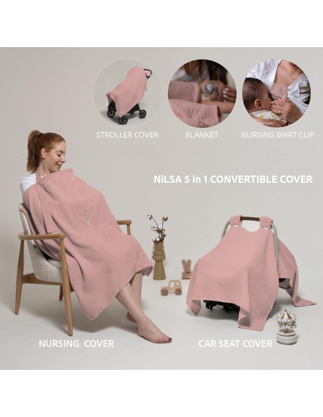 Cubierta de Lactancia 5-en-1 Nilsa Algodón Muslín Rosa