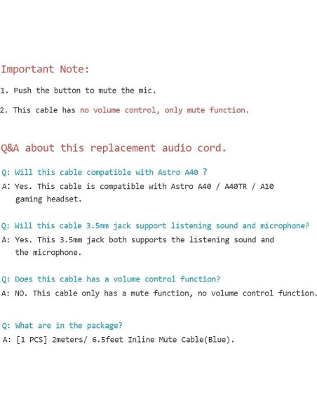 Cable de audio AUX MQDITH 2m para auriculares Astro A40 A40TR