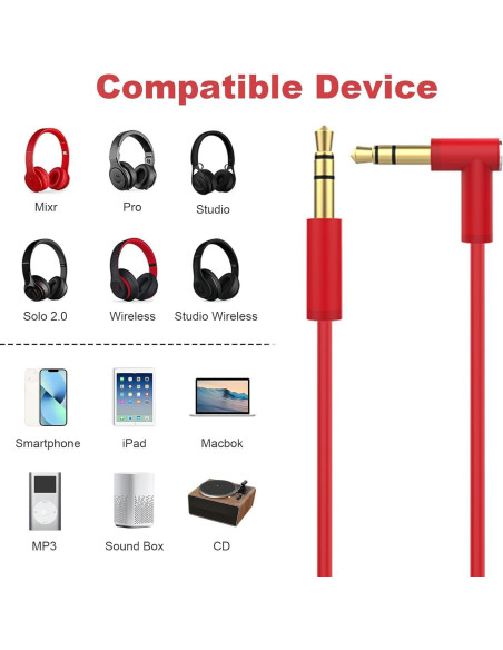 Cable de audio 3.5mm Lusgawer para auriculares Beats Solo 3 Rojo