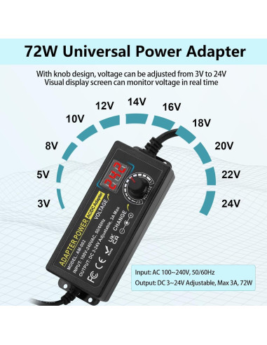 Adaptador de Poder Ajustable TOUS 3V-24V 3A 72W AC/DC