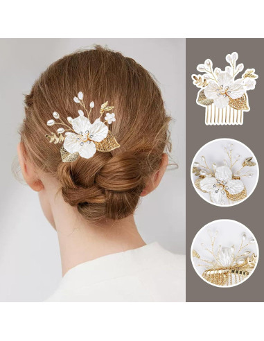 3 Horquillas de Hoja Dorada SHEHARUHI con Perlas y Cristales