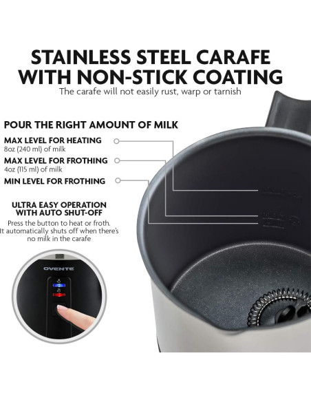 Espumador de Leche OVENTE FR1208, 500W, Acero Inoxidable, 240ml