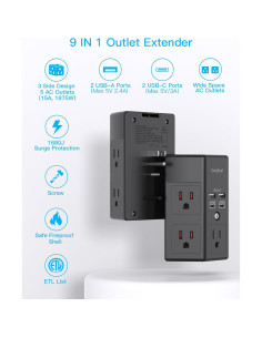 Extensor de Enchufe 5 Salidas con 4 USB C One Beat Negro 2