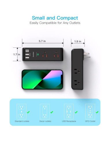 Extensor de Enchufe One Beat 6 AC + 3 USB (1 USB-C) 1800J