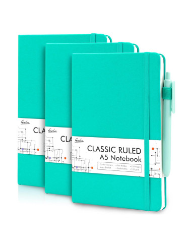 Paquete de 3 Cuadernos Duro Rayado Feela A5 Aqua con 3 Bolígrafos