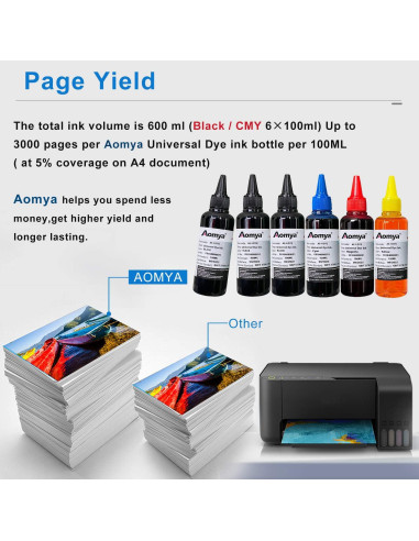 Kit de Recarga de Tinta Aomya 600ml para Cartuchos HP Canon Brother