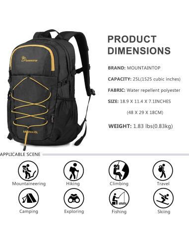 Mochila de Senderismo MOUNTAINTOP 25L Negra para Hombres y Mujeres