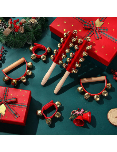 Campanas de Navidad de Mano Boao - 6 Piezas, Rojo, Madera y Metal