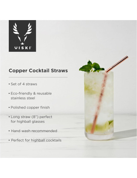 Set de 4 Popotes de Cobre Reutilizables Viski 20.32 cm