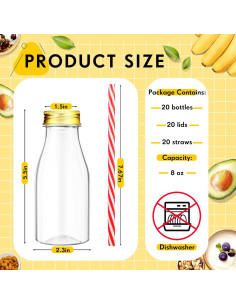 Yinkin 20 Botellas de Plástico 240 ml con Pajitas y Tapas Doradas 2