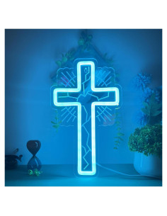 Luz de Pared LED Cruz Neón Azul Hielo 32x19 cm - Regulable USB