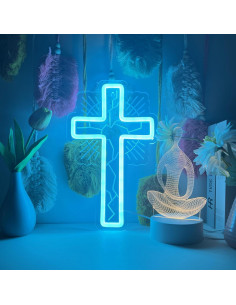 Luz de Pared LED Cruz Neón Azul Hielo 32x19 cm - Regulable USB 2