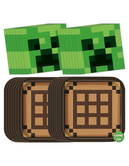 Decoraciones de Cumpleaños Minecraft Unique - Platos y Servilletas para 16 Invitados