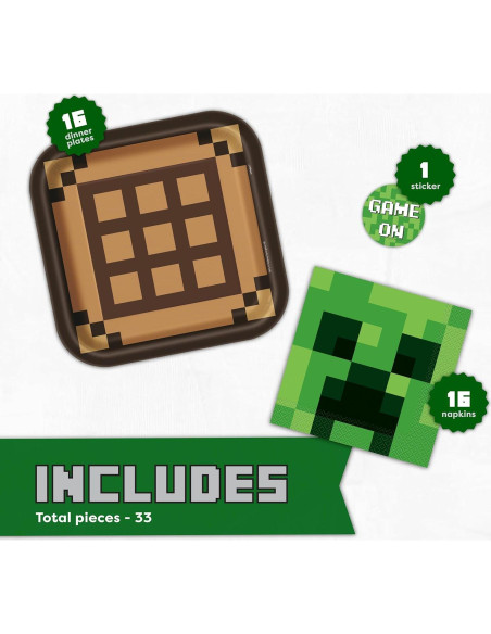 Decoraciones de Cumpleaños Minecraft Unique - Platos y Servilletas para 16 Invitados