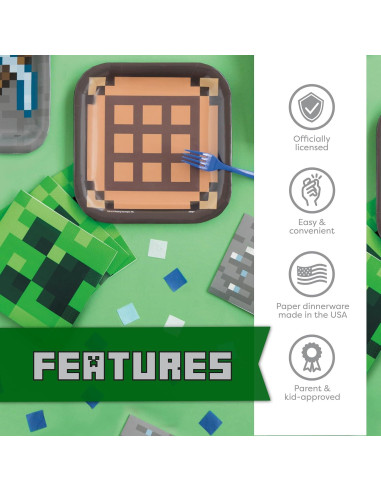 Decoraciones de Cumpleaños Minecraft Unique - Platos y Servilletas para 16 Invitados