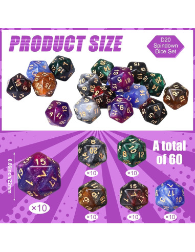 Juego de 60 Dados D20 Acrílicos 20mm Color Retro para RPG