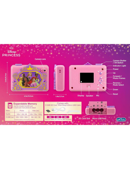Cámara Digital para Niños eKids Disney Princess 32MP Rosa