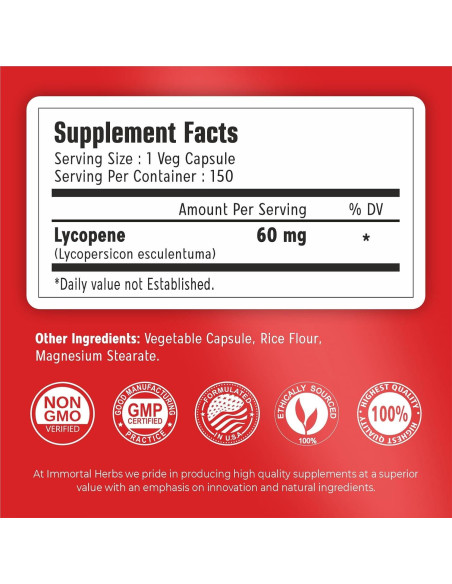 Suplemento de Licopeno Immortal Herbs 60mg 150 Cápsulas Veganas