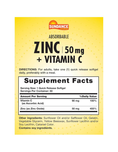 Suplemento Zinc Absorbible Sundance 50mg + Vitamina C 90mg
