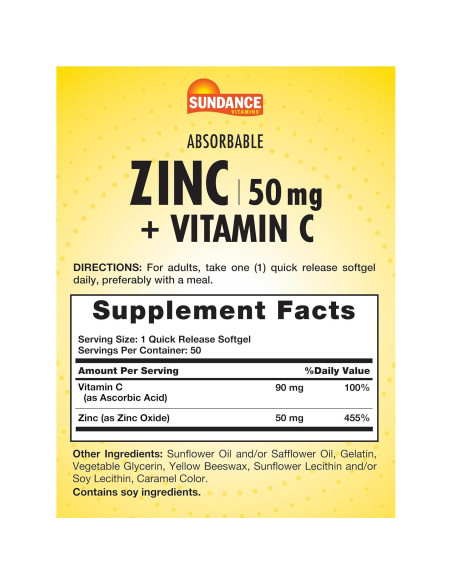 Suplemento Zinc Absorbible Sundance 50mg + Vitamina C 90mg