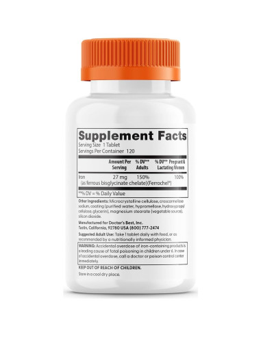 Tableta de Hierro Quelado Doctor's Best 27 mg - Suave Digestión