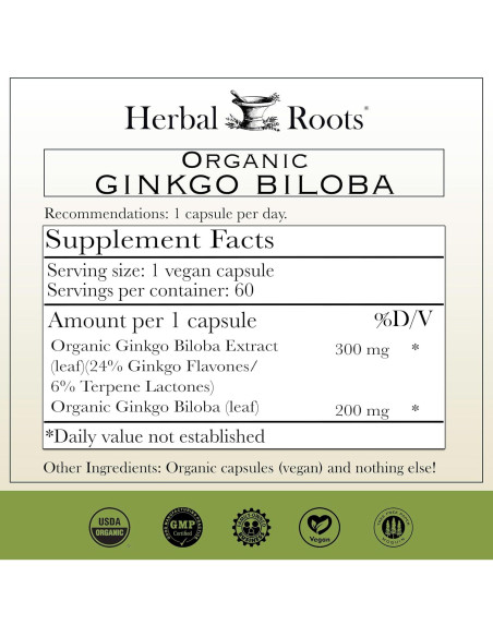 Cápsulas Veganas Ginkgo Biloba Orgánico Raíces Herbales - 60 Unidades Cápsulas Veganas Ginkgo Biloba Orgánico Raíces Herbales - 60 Unidades