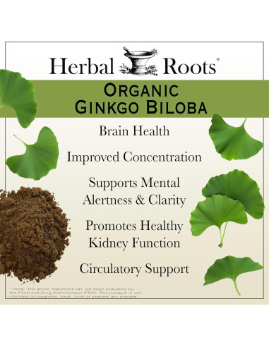 Cápsulas Veganas Ginkgo Biloba Orgánico Raíces Herbales - 60 Unidades