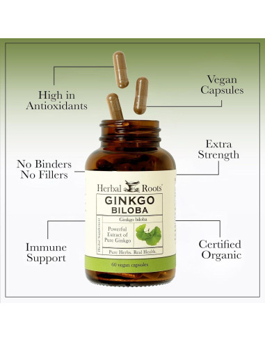 Cápsulas Veganas Ginkgo Biloba Orgánico Raíces Herbales - 60 Unidades