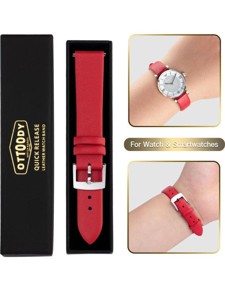Correa de Reloj de Cuero OTTOODY 20mm Roja Hebilla Plata