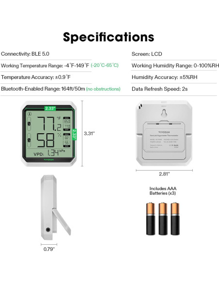 Higrómetro Termómetro Inalámbrico VIVOSUN VS-THB1 Bluetooth