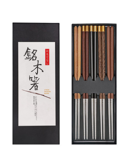 5 Pares de Palillos Reutilizables AKONEGE 25 cm Madera y Acero