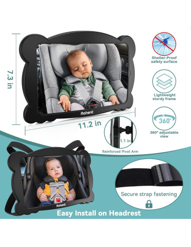 Espejo de Coche para Bebé Rohent Ajustable 360 Negro