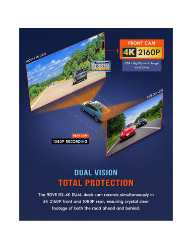 Cámara Dash ROVE R2-4K DUAL Frontal y Trasera 4K 1080P