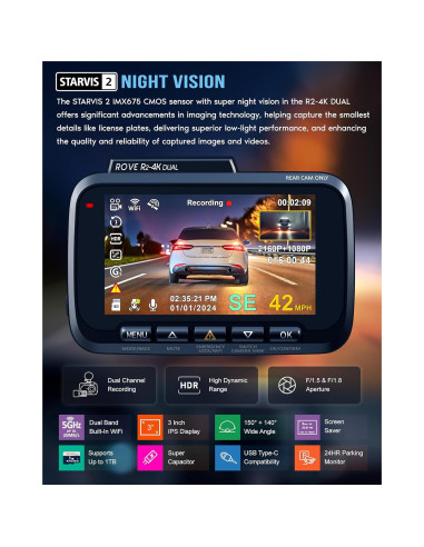 Cámara Dash ROVE R2-4K DUAL Frontal y Trasera 4K 1080P