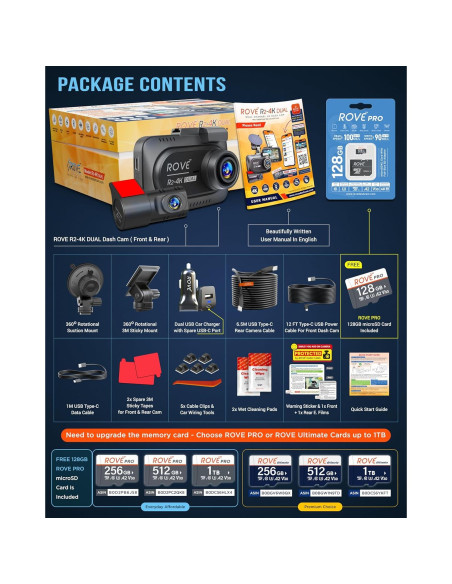 Cámara Dash ROVE R2-4K DUAL Frontal y Trasera 4K 1080P